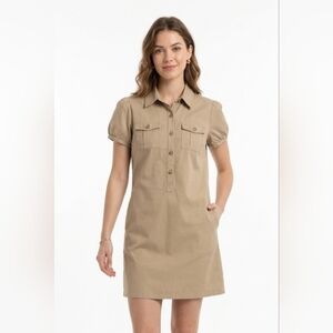 Denver Hayes Vintage Tan Button Up Shirt Dress Safari Utility | size L